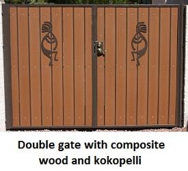 Iron gate: double leaf custom gate with lock box and door latch, with kokopellis