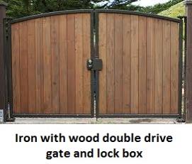 Iron gate:  double gate with arch, wood and lock box and door latches