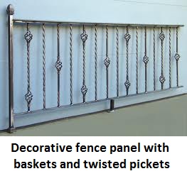 Fancy railing with baskets and twisted pickets.