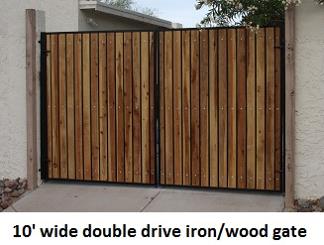 Iron gate: RV gate, aka double drive gate, with wood.