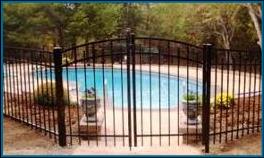 Pool fence picture:  custom pool fence with arch gate that has double rails.